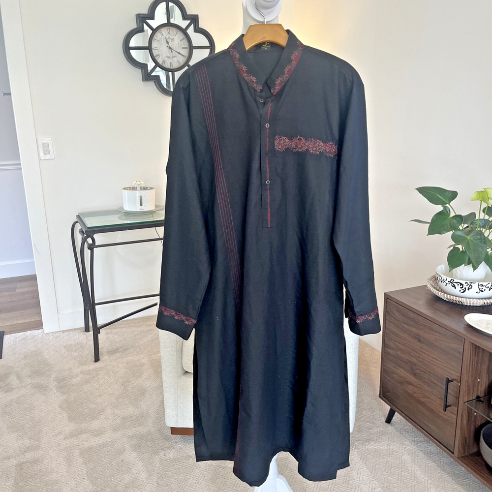 Pakistani Mens Kurta Dress Junaid Jamshed Black Long Sleeve Global Size Med NEW